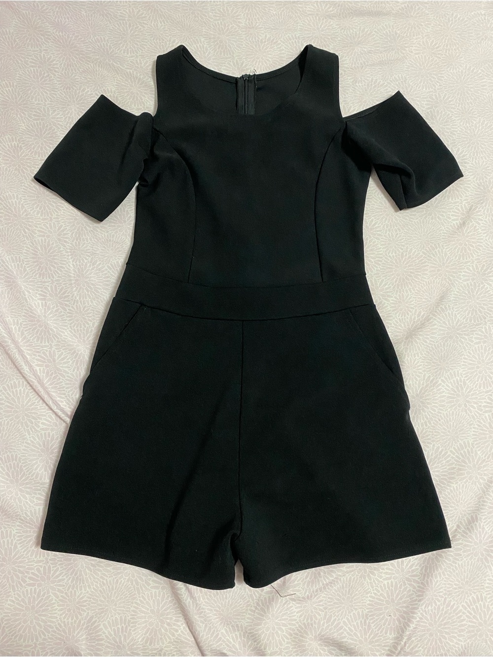 Black Cold-Shoulder Romper with Tailored Waist